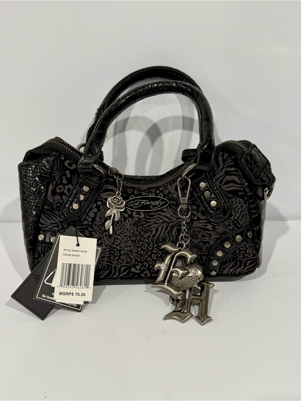 Ed Hardy Black Small Satchel Velvet Croc Faux Leather Studded Zip Detach Strap